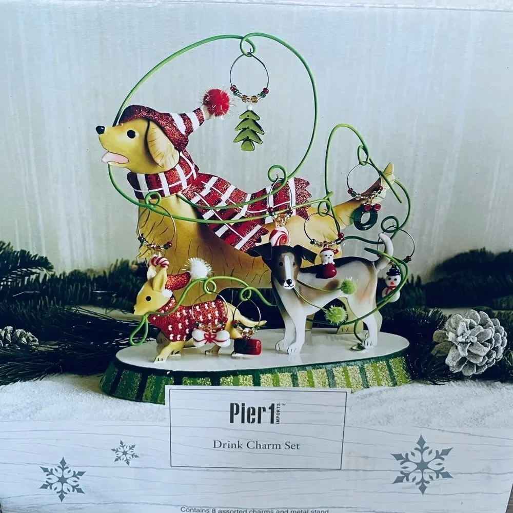 Pier 1 Christmas Dog Wine Glass Charm Holder Display